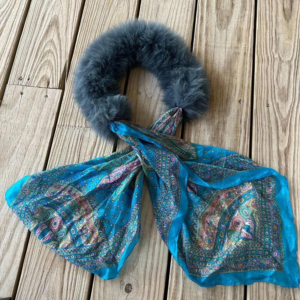 Fur and silk collar scarf - real genuine fur - teal blue